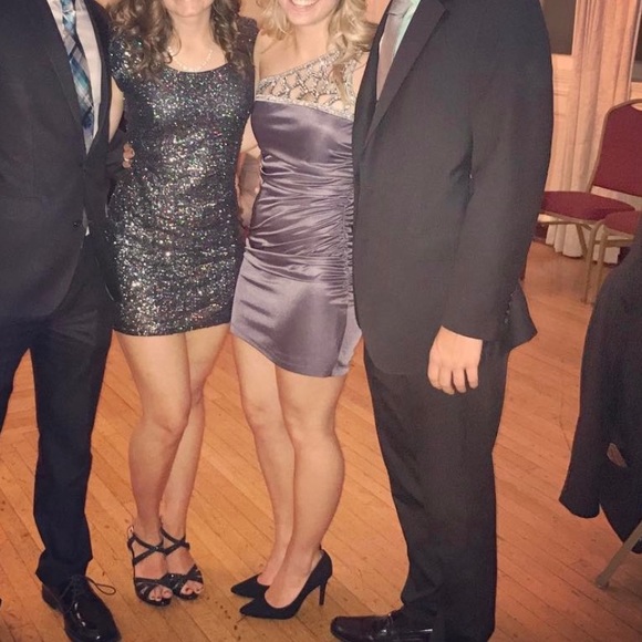 One shoulder, Grayish-purple cocktail dress with sequins and beads - Picture 6 of 6